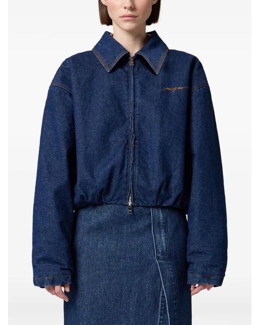 MSGM Blue Logo-Embroidered Denim Jacket