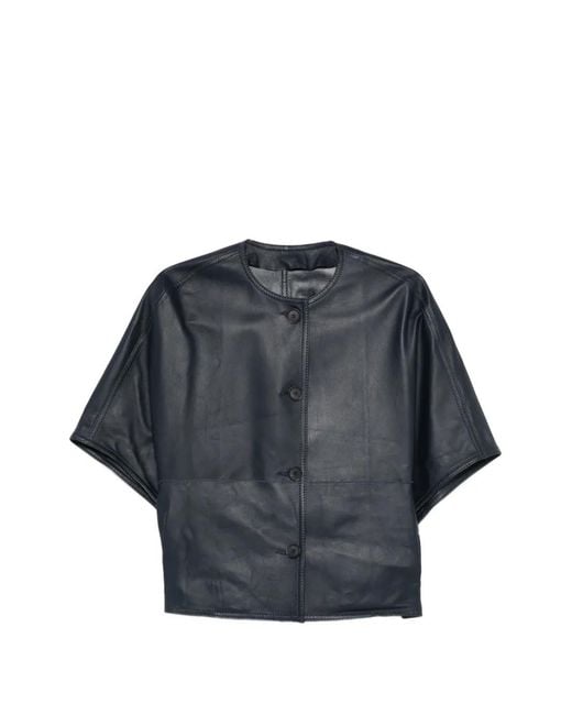 Manzoni 24 Blue Buttoned Leather Jacket