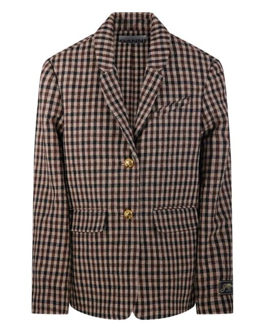 Ganni Brown Single-Breasted Checked Blazer