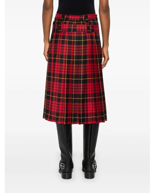 McQueen Red Tartan-Check Pleated Belted Midi Skirt
