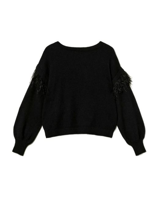 Twinset Blue Feather-Trim Sweater