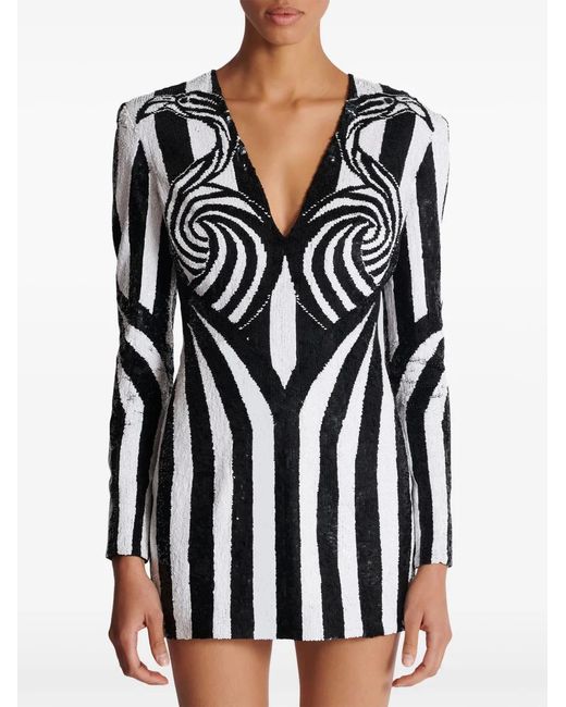 Balmain Black Embroidered Stripe Short Dress