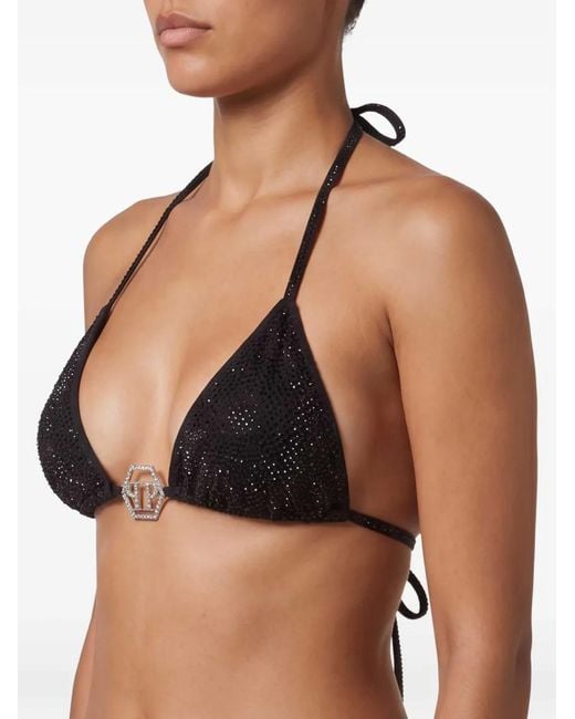 Philipp Plein Black Embellished-Logo Bikini Top