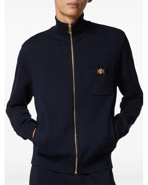 Versace Blue Cashmere-Cotton Knit Zip Sweater for men
