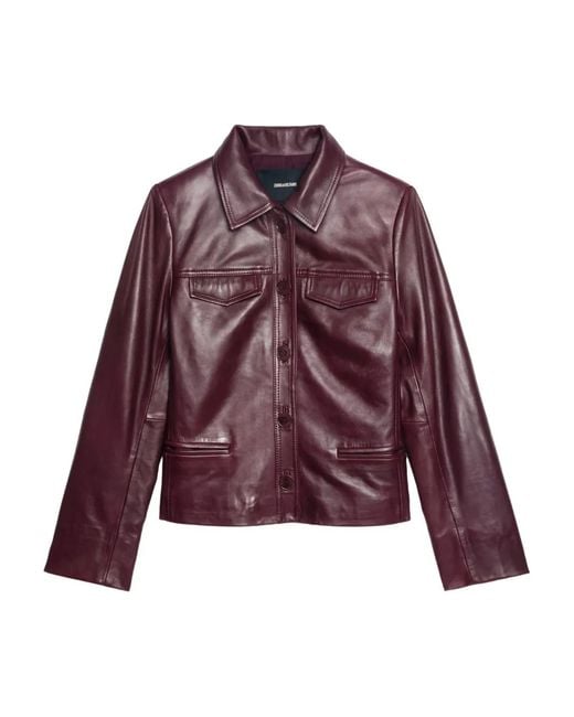 Zadig & Voltaire Purple Button-Fastening Flap-Pocket Leather Jacket
