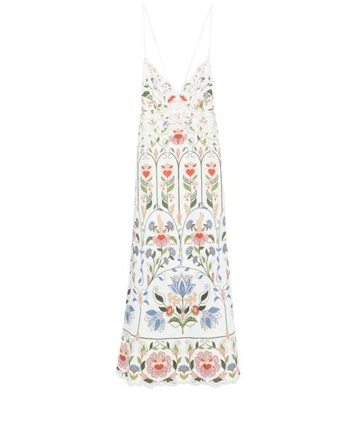 Farm Rio White Embroidered Scallop-Edge Midi Dress