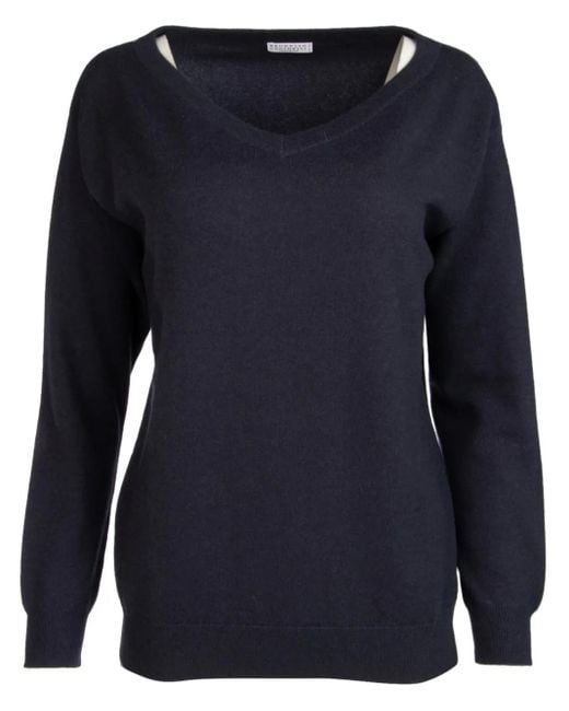 Brunello Cucinelli Blue Knitted V-Neck Sweater