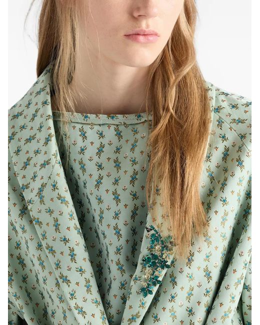 Prada Blue Single-Breasted Floral Jacquard Duchesse Coat