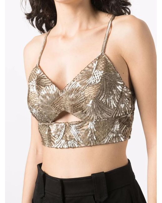 Alberta Ferretti Natural Sequin-Embellished Cropped Top