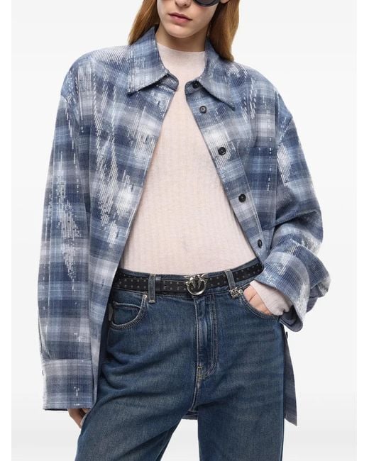 Pinko Blue Overshirt With Check Pattern And Sequins