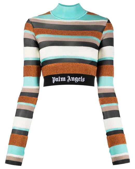 Palm Angels White Logo-Waistband Striped Turtleneck Top