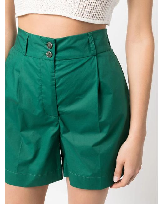 Woolrich Green Pleat-Detail High-Waisted Shorts