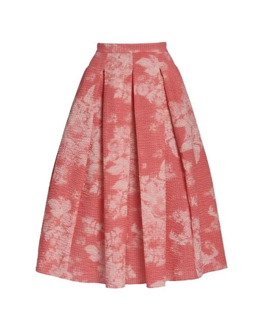 Erdem Red Pleated Floral-Print Midi Skirt
