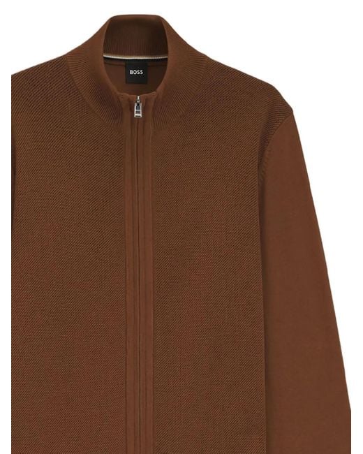 Boss Brown Textured Zip-Up Cardigan for men