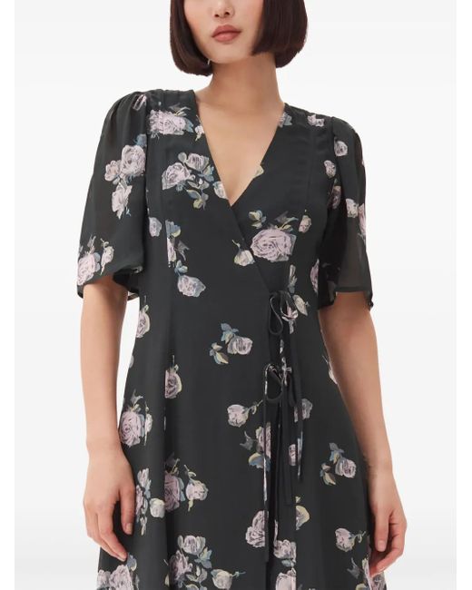 Ganni Black Floral-Print Crepe Wrap Midi Dress