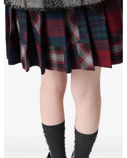 Miu Miu Red Pleated Plaid Patchwork Miniskirt