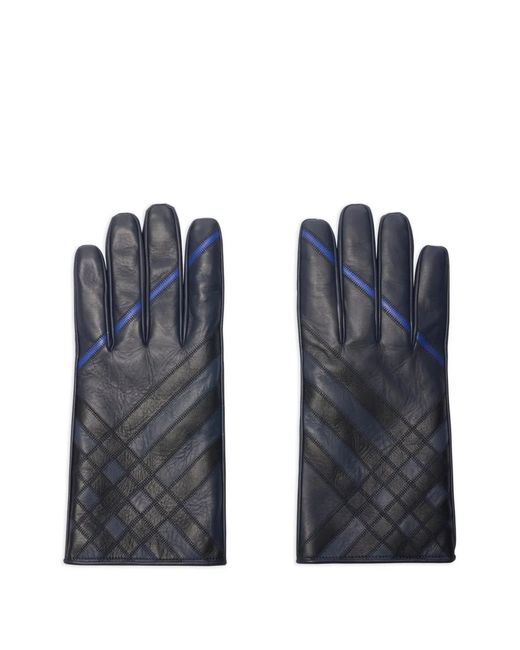 Burberry Blue Check Intarsia Leather Gloves