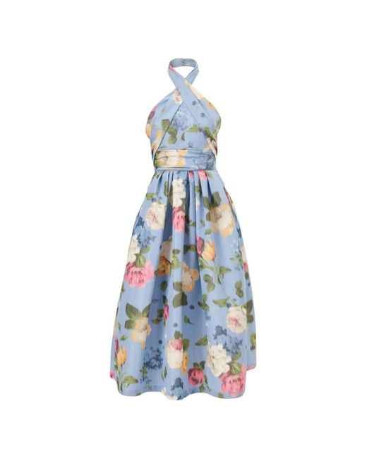 Carolina Herrera Blue Chiné Floral-Print Halterneck Dress