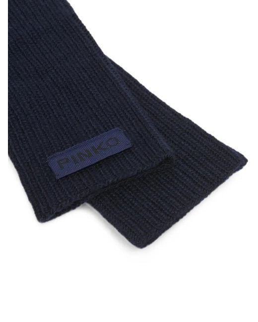 Pinko Blue Ribbed-Knit Logo-Patch Gloves