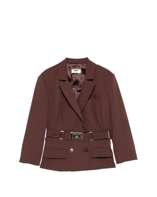 Elisabetta Franchi Brown Double-Breasted Tailored Belted Jacket
