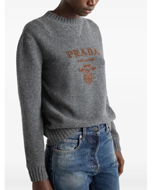 Prada Gray Intarsia-Logo Crew-Neck Sweater