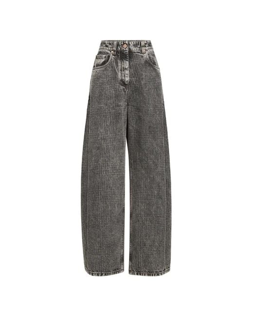 Brunello Cucinelli Gray Prince Of Wales Denim Wide Trousers With Monili