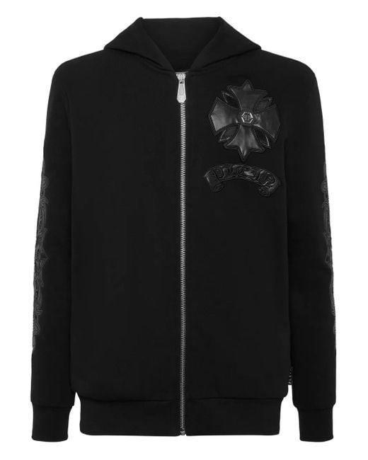 Philipp Plein Black Leather-Insert Crest-Zip Hoodie for men