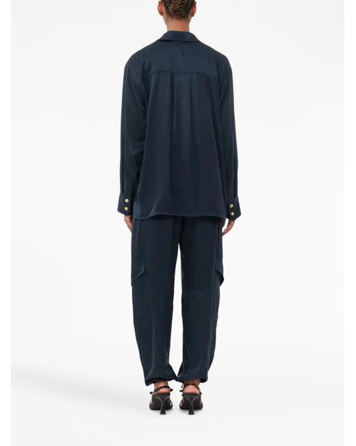 Ganni Blue Drawstring Satin High-Waisted Trousers