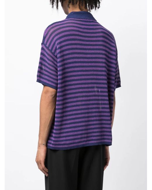 Bode Blue Striped Open-Knit Polo Shirt for men