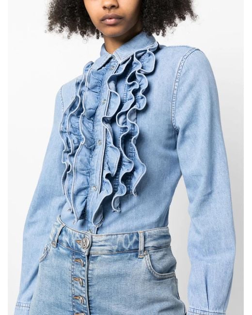 Moschino Blue Ruffled Washed-Denim Shirt