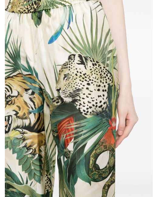 Roberto Cavalli Green Jungle Print straight-legged Silk Trousers