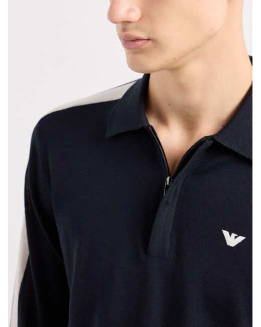Emporio Armani Blue Logo-embroidered Virgin-wool Polo Jumper for men