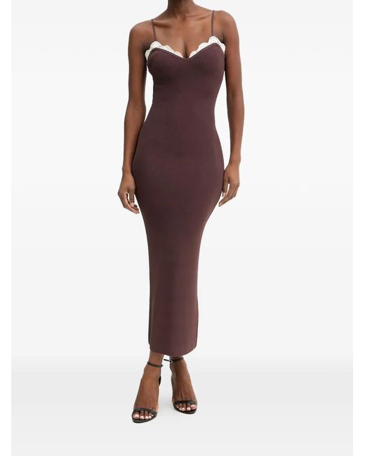 Marella Red Lace-Trim Ribbed Midi Dress