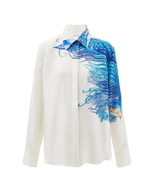 Ferragamo Blue Feather Show Print Silk Shirt