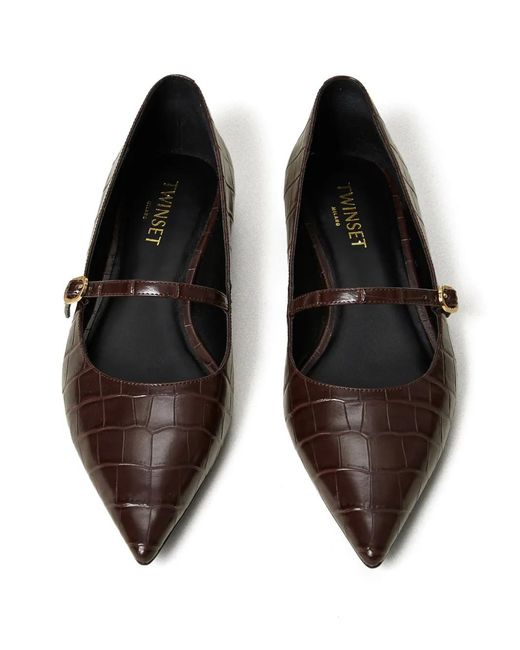Twinset Brown Crocodile-Effect Ballet Flats
