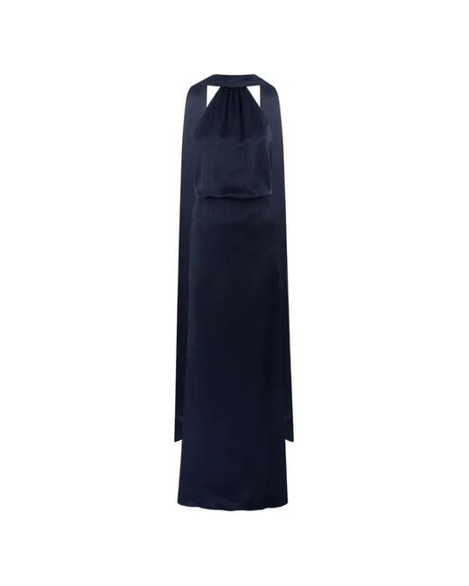 CAYET Blue Lama Halterneck Draped-Panel Maxi Dress