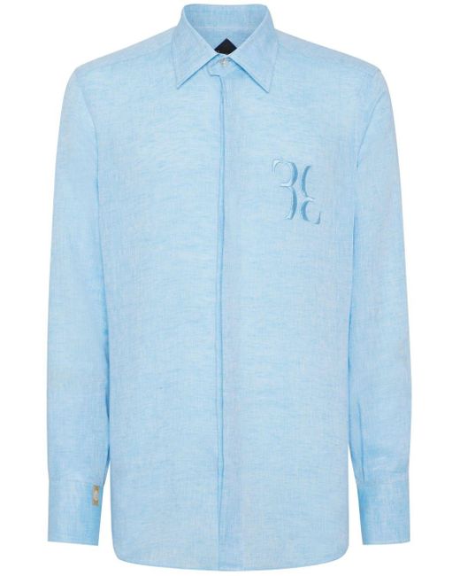 Billionaire Blue Monogram-embroidered Linen Shirt for men