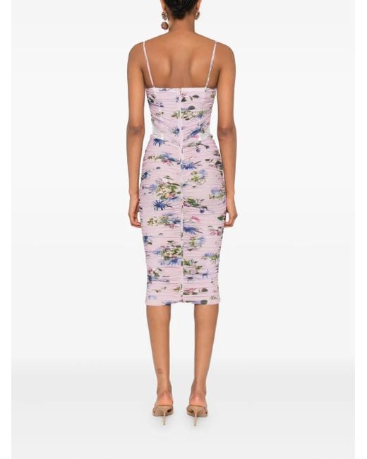Blumarine White Gerafftes Midikleid mit Blumen-Print