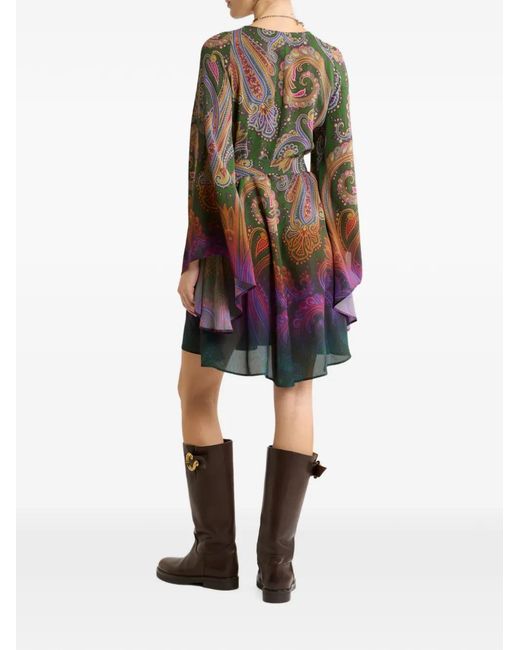 Etro Green Paisley-Pattern Belted Mini Dress