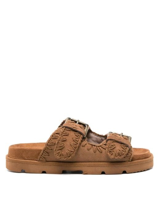 Mou Brown Whipstitch-Trim Suede Slides