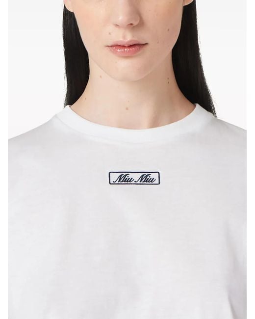 Miu Miu White Logo-Embroidered Cotton T-Shirt