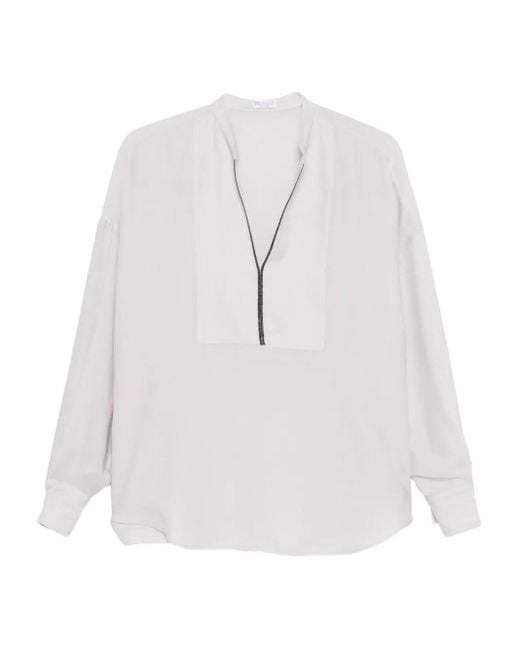 Brunello Cucinelli White Seidenbluse mit Monili-Kette
