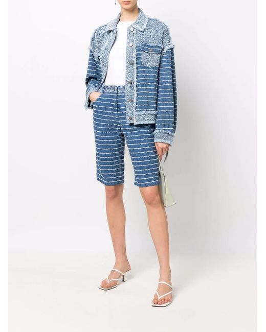 Krizia Blue Frayed-Stripe Bermuda Shorts