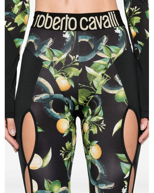 Roberto Cavalli Black Cut-out Detailed Lemon-print leggings