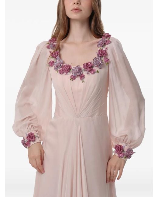 Dina Melwani Pink Floral-Embellished Silk Maxi Dress