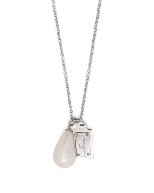 Dolce & Gabbana White Logo-plaque Pearl-pendant Necklace for men