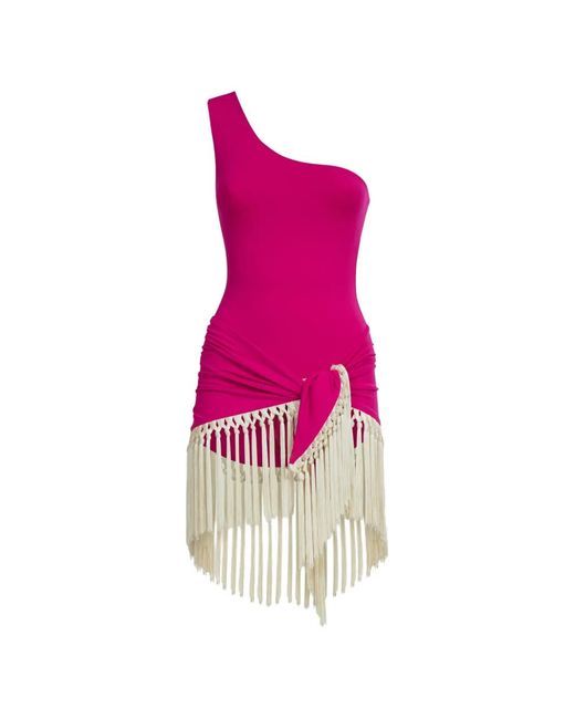 Taller Marmo Pink Yacare One-Shoulder Fringed Swimsuit