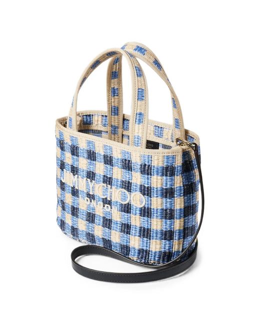 Jimmy Choo Blue Beach Tote East-West Gingham Raffia Beach Tote Bag