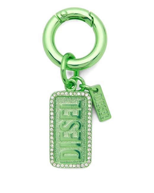 DIESEL Green Metal Keyring With Logo And Rhinestones