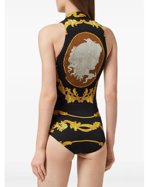 Versace Black Cameo Silk Draped Bodysuit